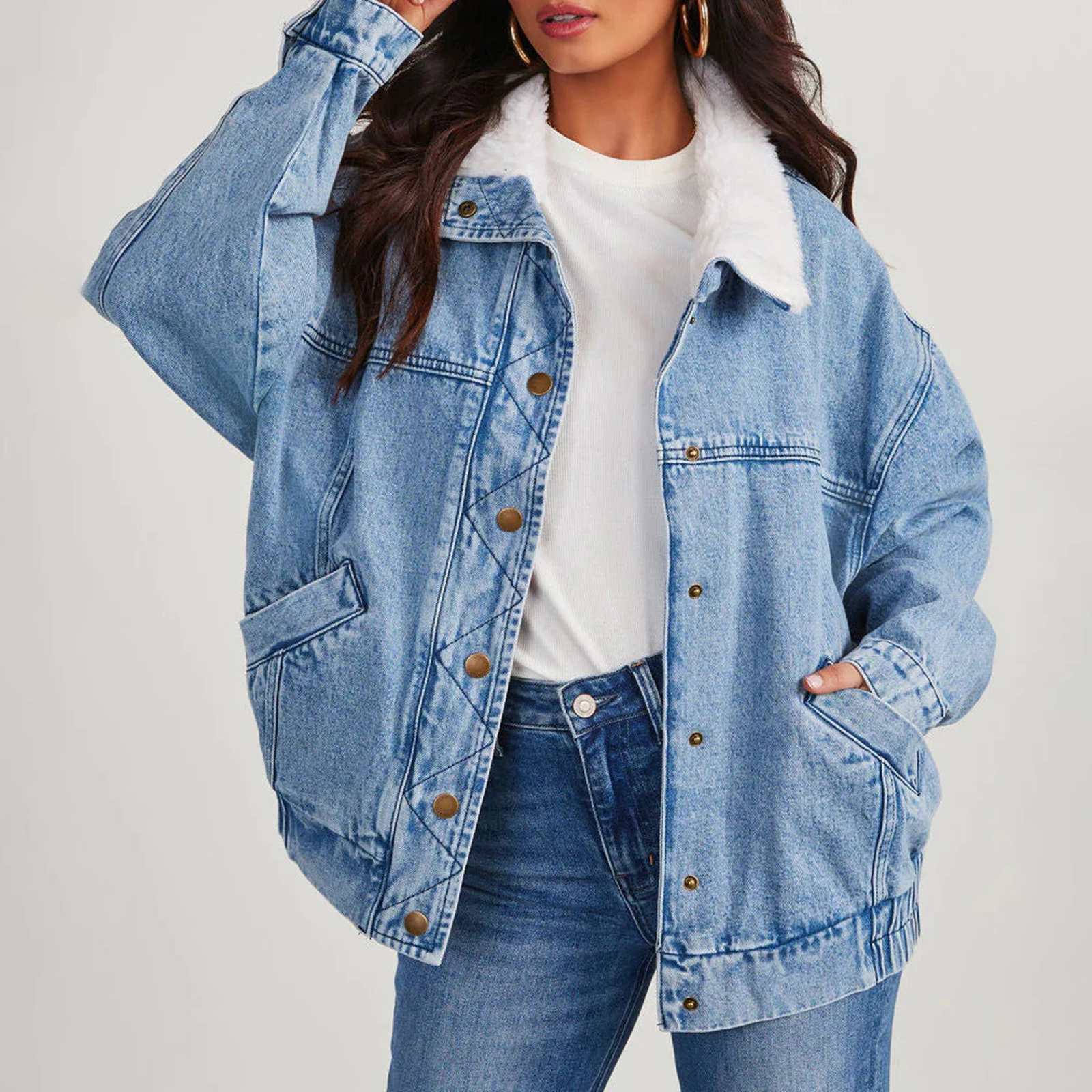 Women Denim Jacket with Fleece Collar Casual Long Sleeve Button Down Boyfriend Jean Jacket Biker Coat