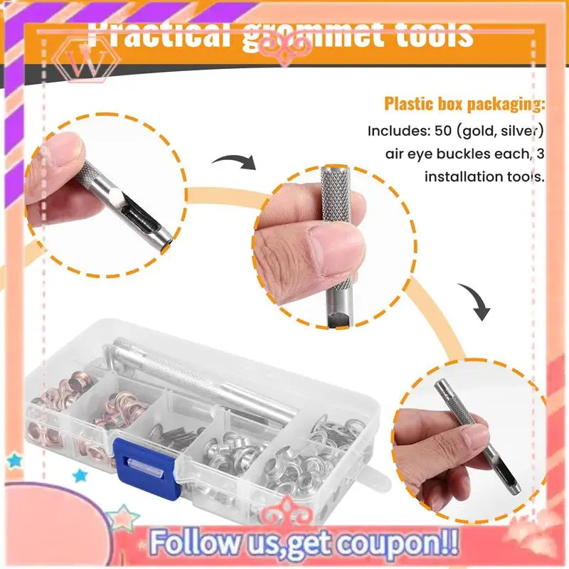 Upgraded 100 Sets 1/4 Inch Grommet Kit Grommets Eyelets With 3 Pieces Install Tool Kit, 2 Colors