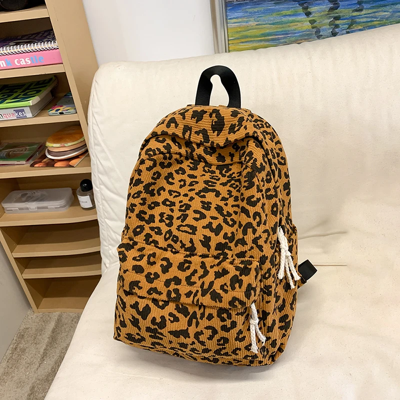 Corduroy Leopard Backpack Teenagers  Bag Multi Pockets Casual Laptop Backpack Stylish Shoulder Backpack Outdoor Travel Bag