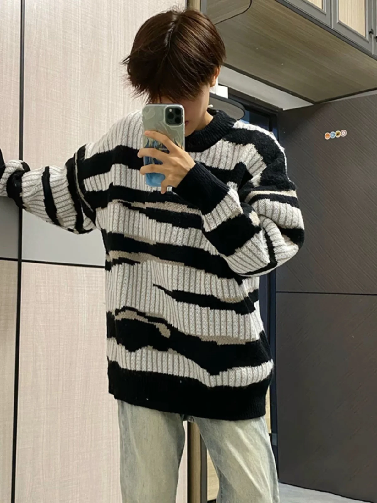 

Men's Thiened Warm round Ne Stripe Mink Sweater Autumn Winter Knitted Outerwear Casual Loose Fit Long Sve T-irt