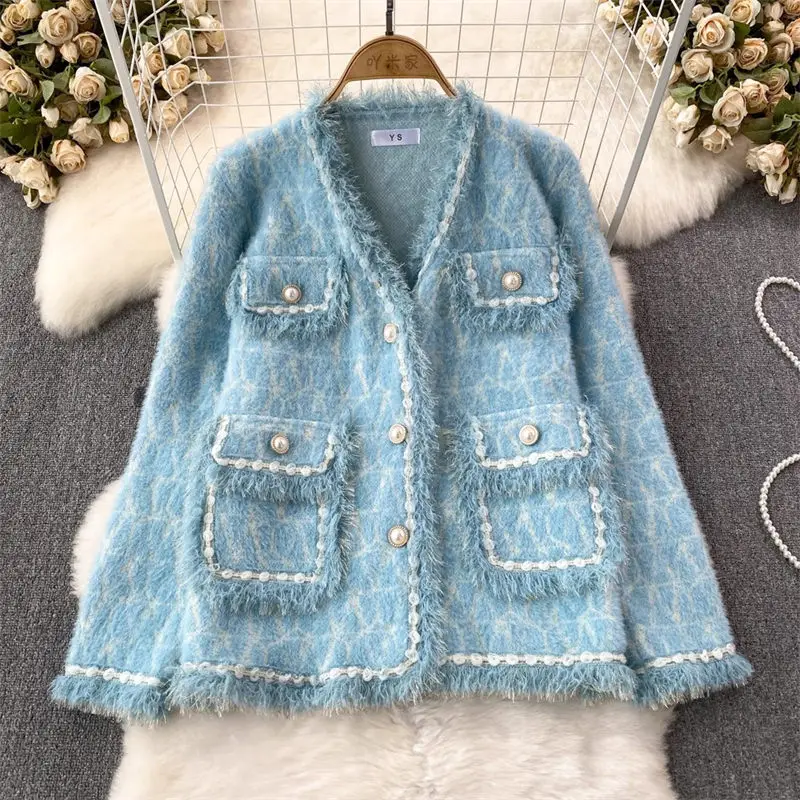 Autumn & Winter Jacket Ladies Fashion Celebrity Temperament V-Neck Tassel Coat Sweater Cardigan Imitation Mink Fleece Top Z3397