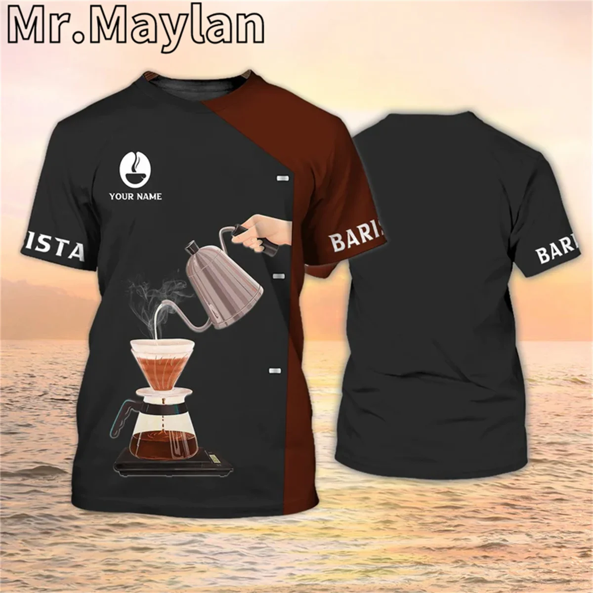 Personalized Barista Tshirt Apron 3D Print On Bartender Shirt Coffee Shop Uniform Brown T shirt Men Women Streetwear Unisex Tee