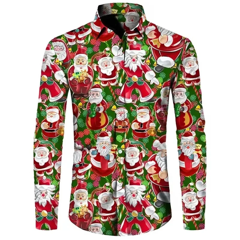 Camisa de manga larga con estampado navideño de Papá Noel en 3D para hombre, camisa informal de moda para hombre, camiseta de muñeco de nieve