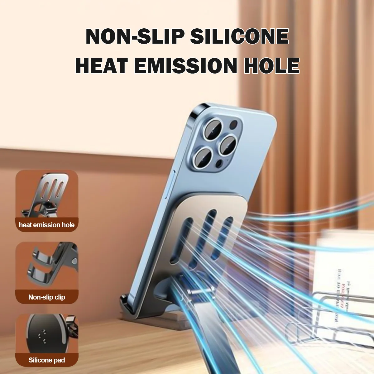 ユニバーサル携帯電話ホルダー,360度回転,すべて金属,アルミニウム,折りたたみ式,ダブルシャフト設計,安定,落下防止