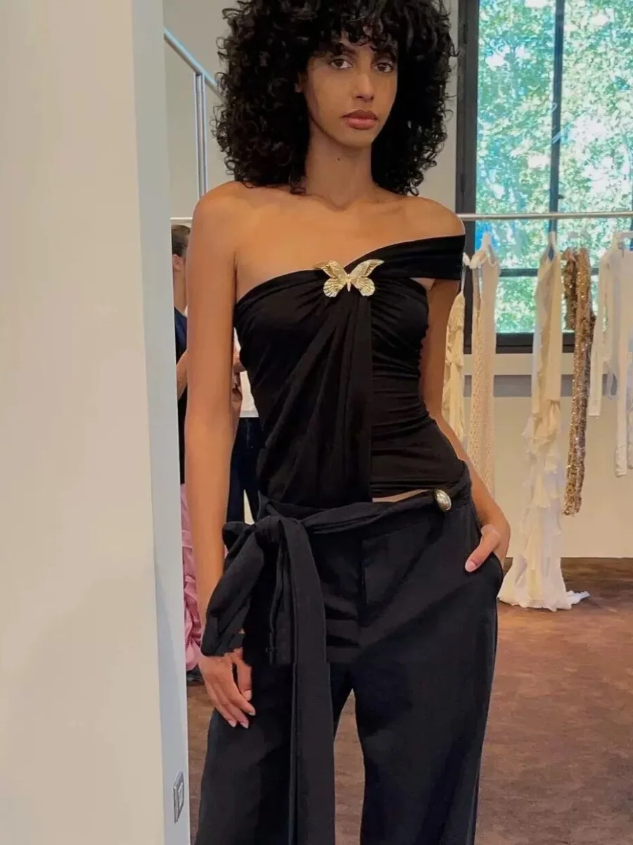 

Ele Bal Top Metal Knot Decoration 3D Embellied Strapl Bustier Ne Hanging ter Women's Vest