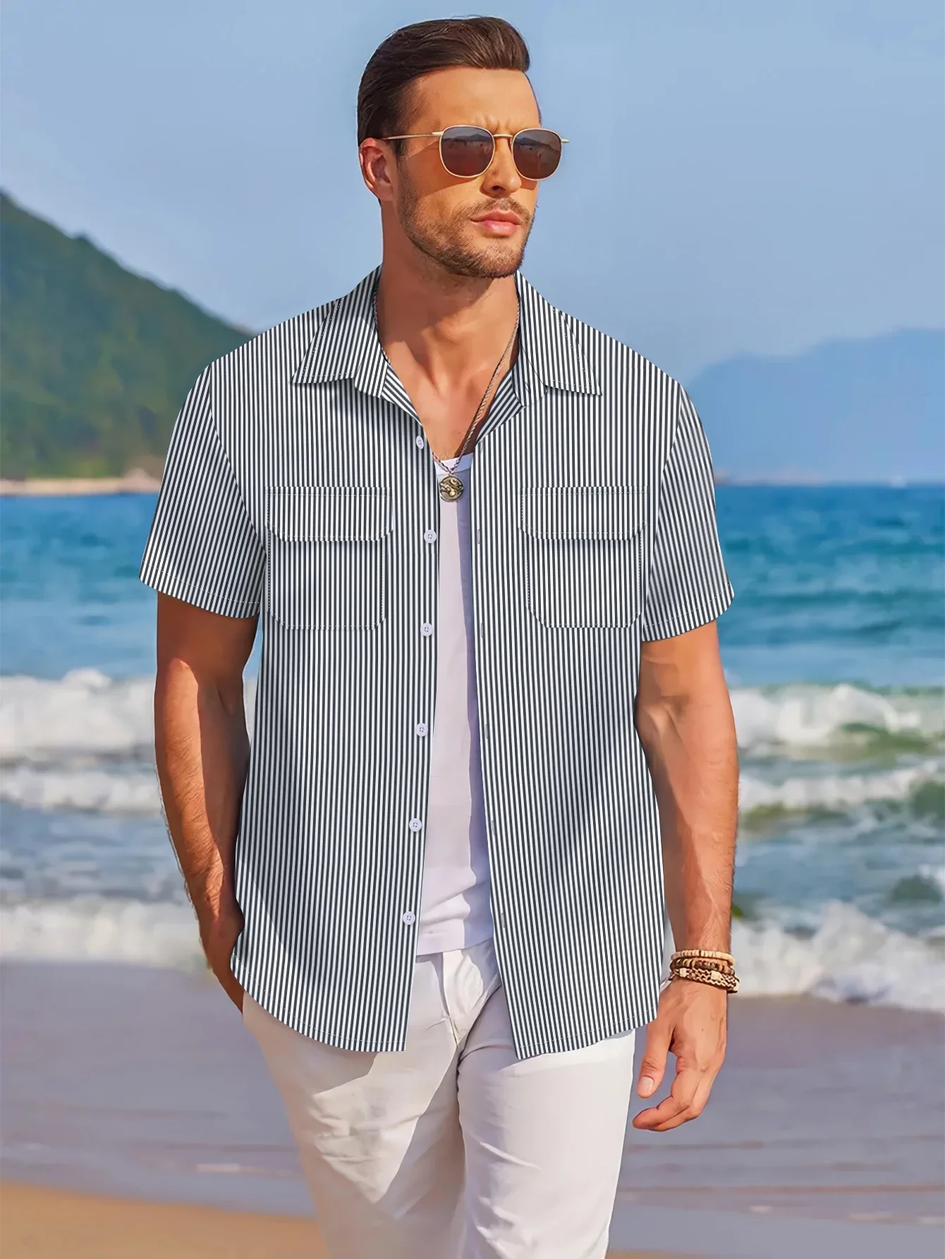 Cool summer new men's casual beach style lapel pocket button top, comfortable solid color pinstripe fashion loose Hawaiian cardi