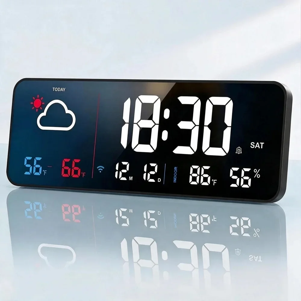 10 Inch Large Digital Wall Clock Tuya WIFI Weather Station with Indoor TEMP Humidity Date 5 Alarms Night Mode LED Table Clock