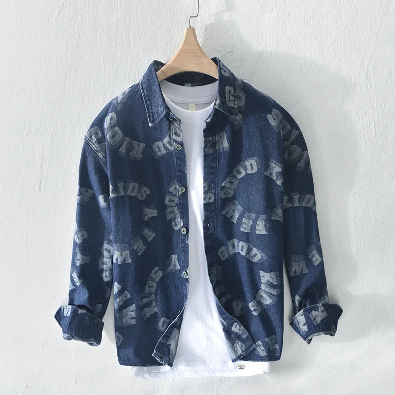 

Fashion 2022 Denim Shirt Jacket For Men All-Match Drop Shoulder Printed Casual Loose camisa jean Shirts Cowboy Male Coat Top