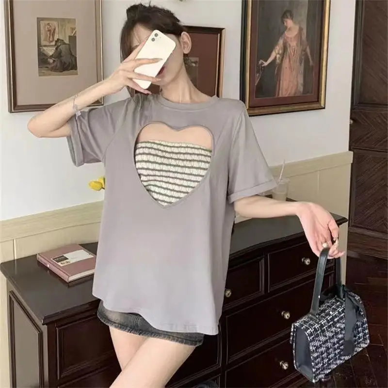 Love Hollow Out T Shirts Women Casual Oversize Solid Color Tshirts Aesthetic Y2k Clothes Short Sleeve Tee Tops Summer