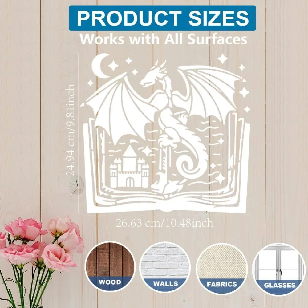 Dragon Fairy Book Stencil 11.8×11.8inch Large Castle Medieval Dragon Book Stencil with Paint Brush Dreamy Castle Moon Star Wall - view 4