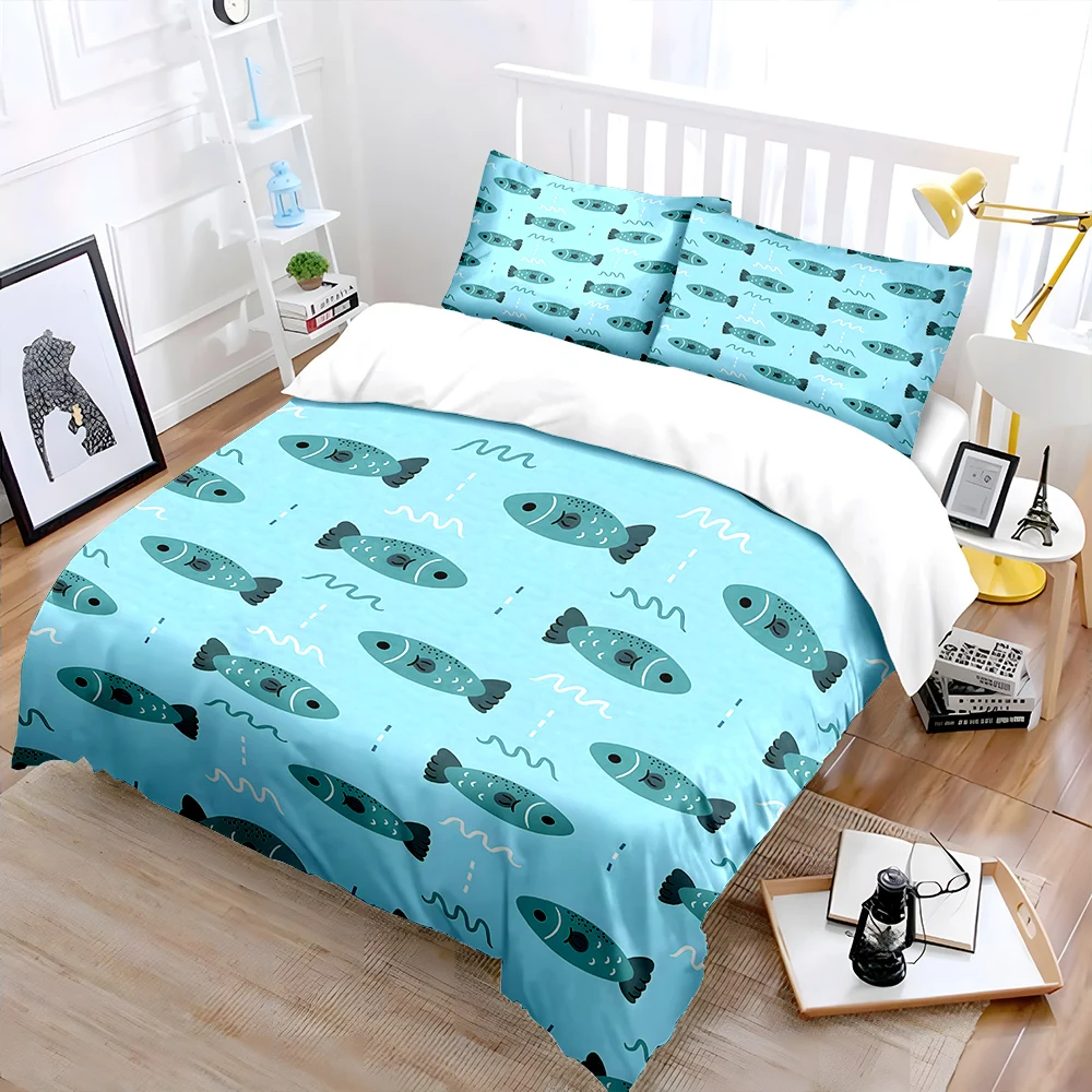 Cartoon fish pattern on blue background Bedding Set 1 Duvet Cover 2 Pillowcases for Adult and Children Luxury Gift Full Size