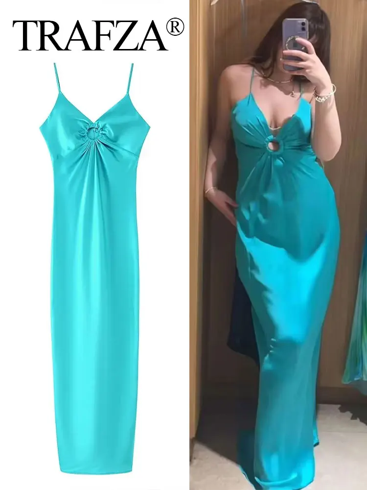 TRAFZA 2024 Women Summer Blue Satin Dress Sleeveless Backless Hollow Out Slim Long Dresses Woman Chic Sexy Party Female Dress