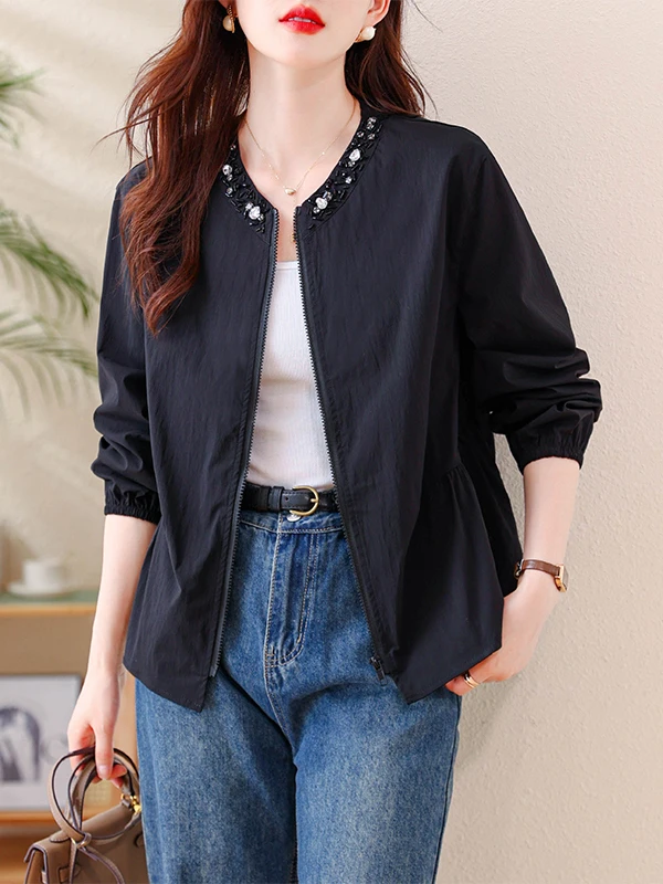 Heavyweight Handmade Beaded Long Sleeve Zipper Design Women's Jacket Spring Autumn Fashion Original Design Polyester Fiber