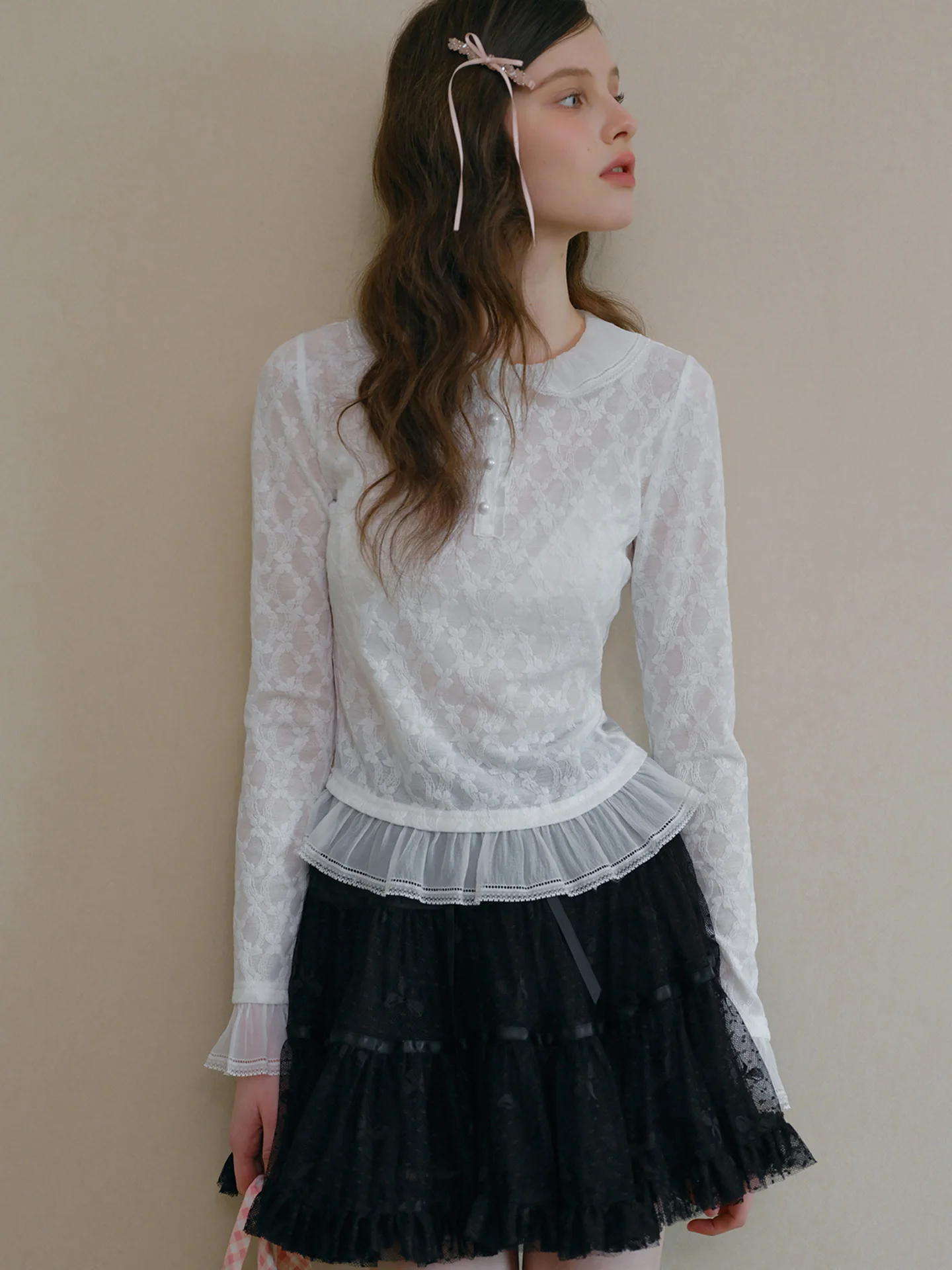 Spring 2026 White Thin Embroidered Base Shirt Lace Hem Bell Sleeve Doll Collar Women's T-shirt Breathable Long Sleeve Pure Color