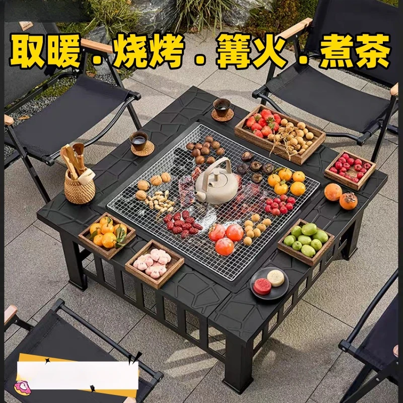 

Outdoor square multi-functional barbecue table charcoal grill tea table Wood stove large practical