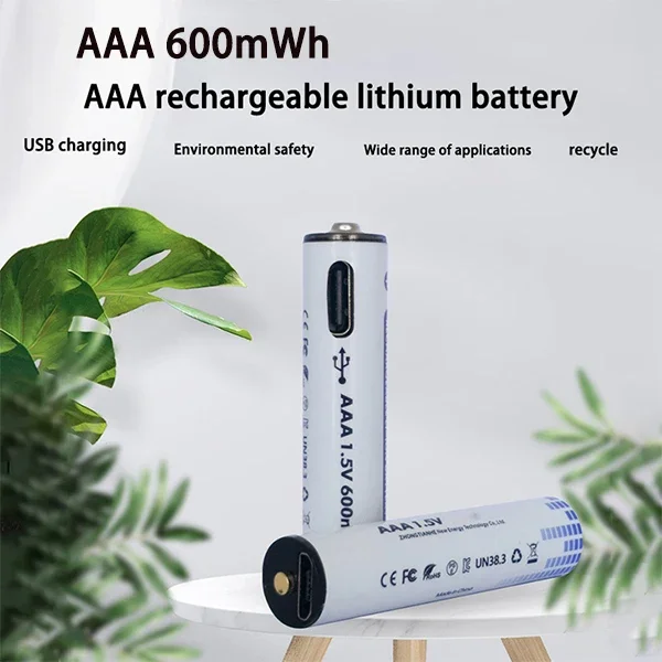 PURFIELD1.5V AAA Rechargeable Battery 600mWh Lithium Battery Type-C USB Cable for Toys Camera Flashlight wireless mouse + cable