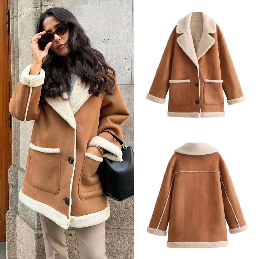 Winter Women\'s Casual Jacket Solid Color Lapel Long Sleeve Pocket Jacket Winter Retro Single-breasted Women\'s Warm Jacket