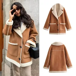 Winter Women's Casual Jacket Solid Color Lapel Long Sleeve Pocket Jacket Winter Retro Single-breasted Women's Warm Jacket