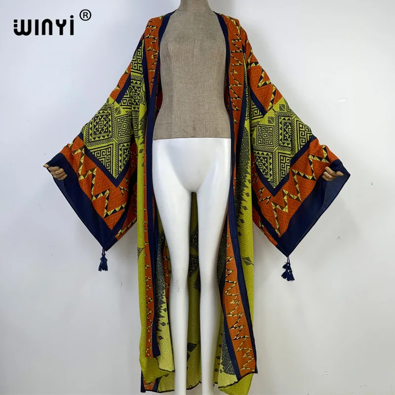 WINYI 2023 new summer print Women Cardigan Loose Long Dress Cocktail Party Boho Maxi beach Swimming Cover Up Kimonos