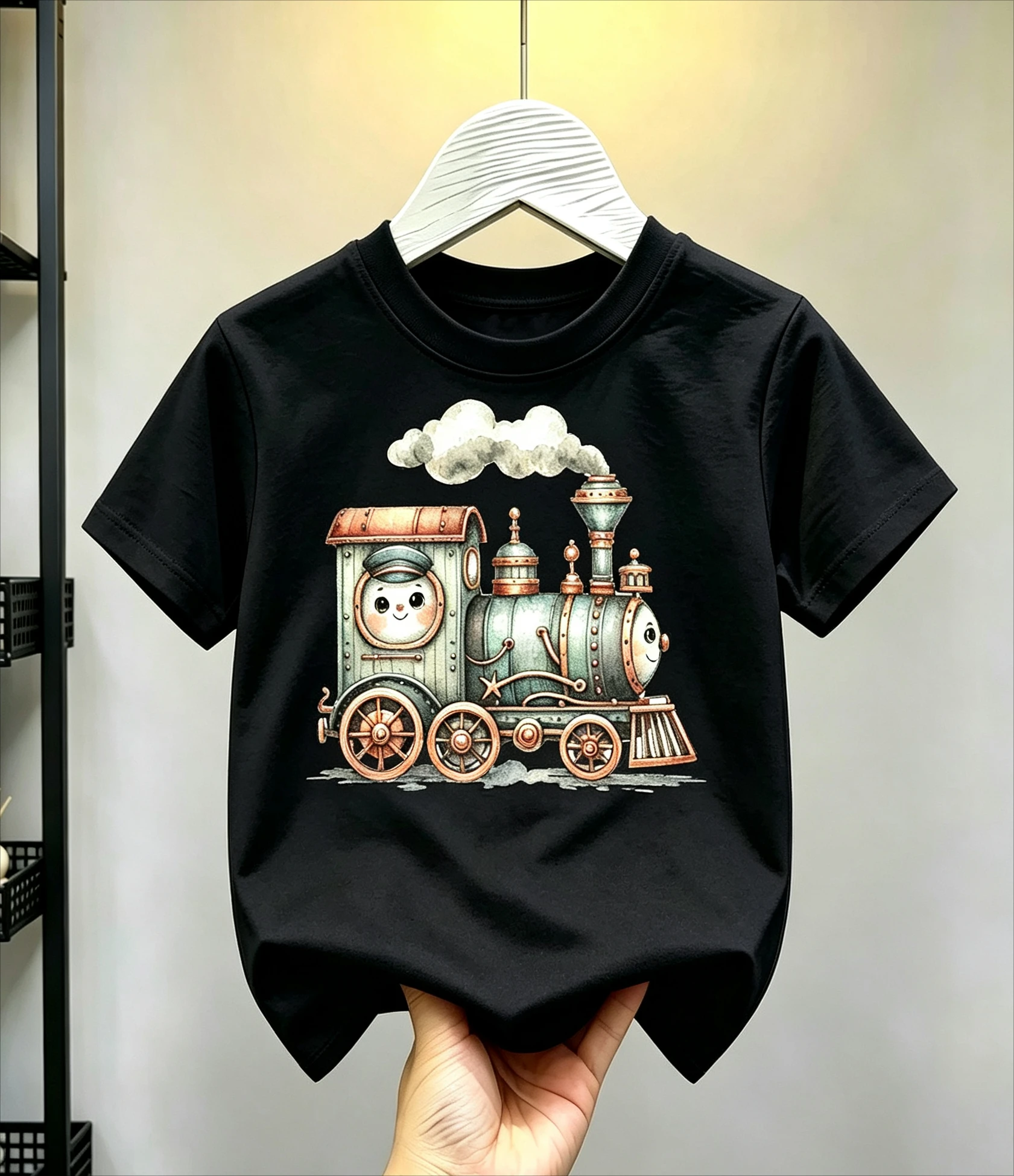 Boys Cute Vintage Steam Train Birthday T-shirt Kids Cartoon Watercolor Locomotive Short Sleeve Tee Children Party Tops