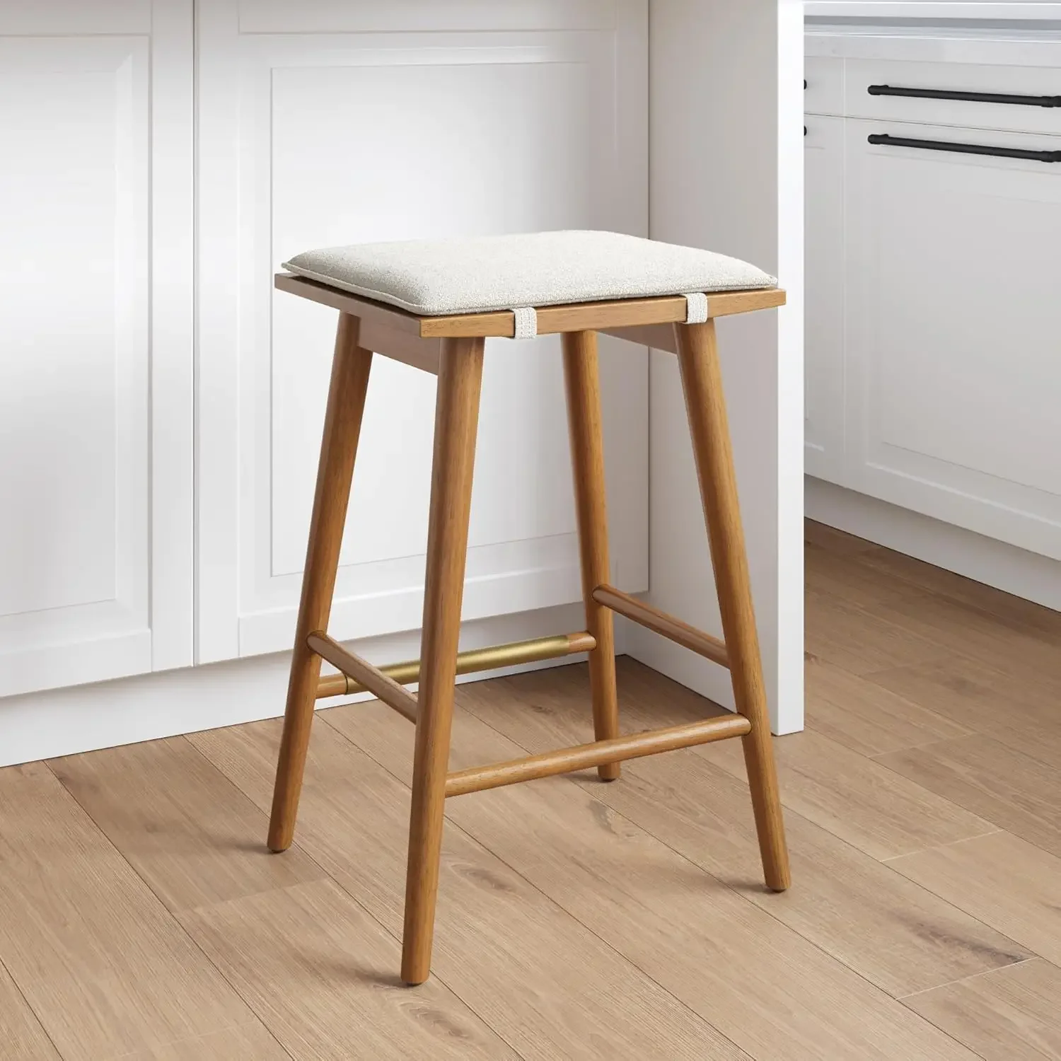 Nathan James Barker Counter Height Solid Wood Barstool with Upholstered Cushion, Backless Island Stool Rubberwood Legs and Natur