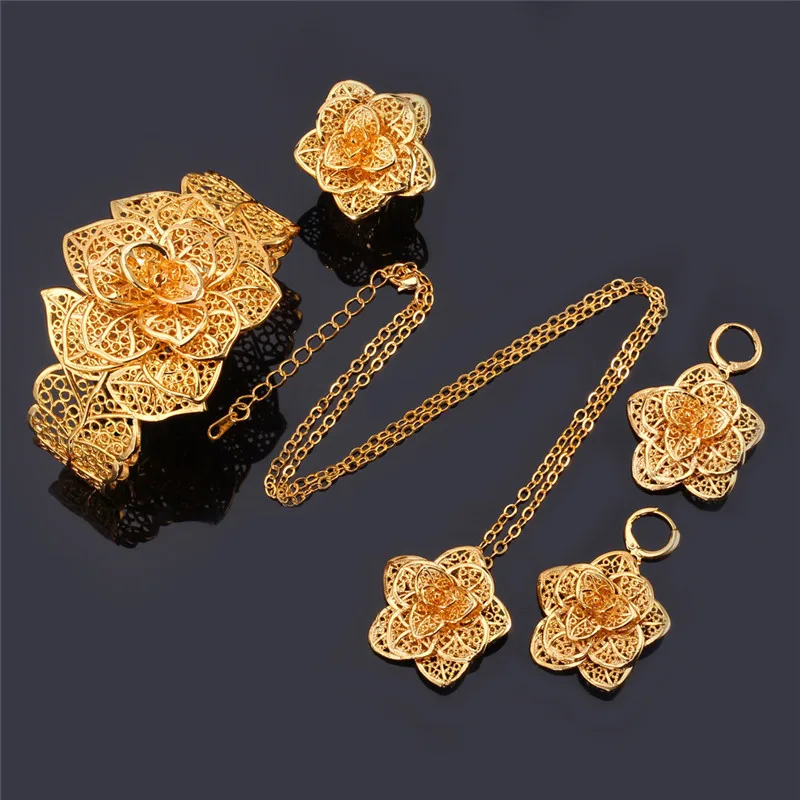 U7 Hollow Out petals 3D Flower Jewelry Set for Woman Dangle Earring Ring Necklace 3pcs/set Party Anniversary Jewelry