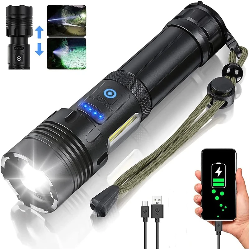 Super leistungsstarke LED-Taschenlampen, wiederaufladbare Hochleistungs-Taschenlampe, eingebauter Akku für Angeln, Jagd, Camping, Laterne