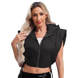 Womens Winter Coat Stylish Warm Padding Puffer Vest Top Hooded Sleeveless Front Zipper Crop Jackets Lightweight Winter Outerwear