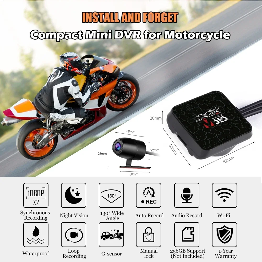 

Motorcycle DVR 1080P Action dual Camera 1080P Recorder Front & Rearview Waterproof Motorcycle Dash Cam Black Night Vision Box
