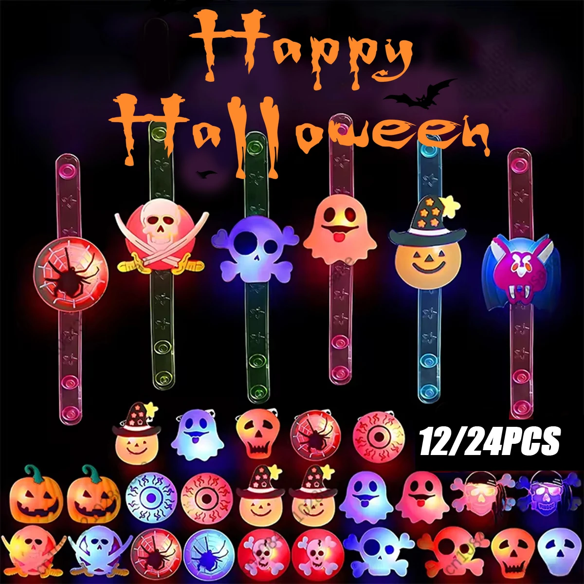 12/24pcs Halloween Light Up Bracelet Ghost Pumpkin Piracy Skeleton Eyes Watch LED Flashing Random Color Halloween Party Decora