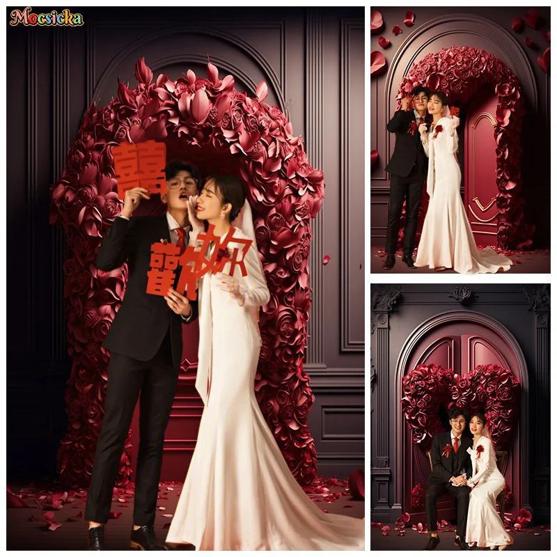 Mocsicka Valentine's Day Photography Background Red Wooden Door Love Backdrop Couple Romantic Portrait Wedding Party Photo Props