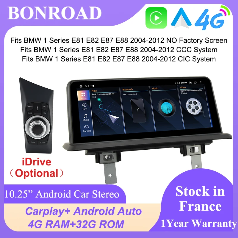 Autoradio multimédia GPS Android 12 Bonroad 10,25 pouces pour BMW Série 1 120i E87 E88 E81 E82 2004-2012 avec Carplay et navigation