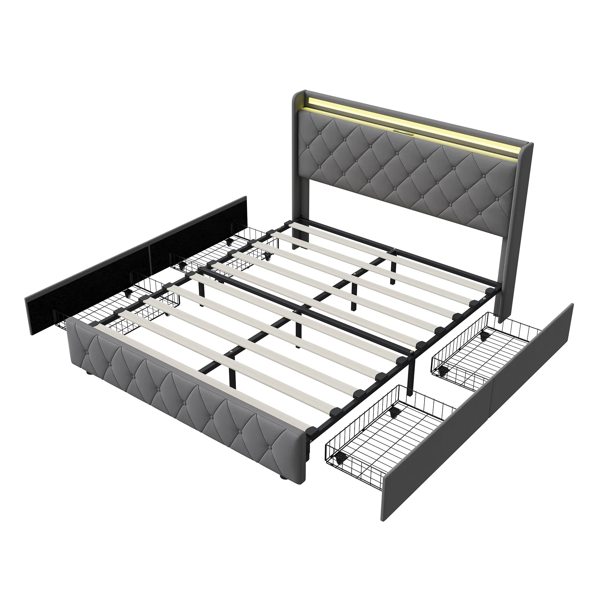 Comanlai Velours gestoffeerd bed met 4 laden, LED-strip, USB-oplaadpoort, eenpersoons/tweepersoons bedframe 90x200 140x200 160x200