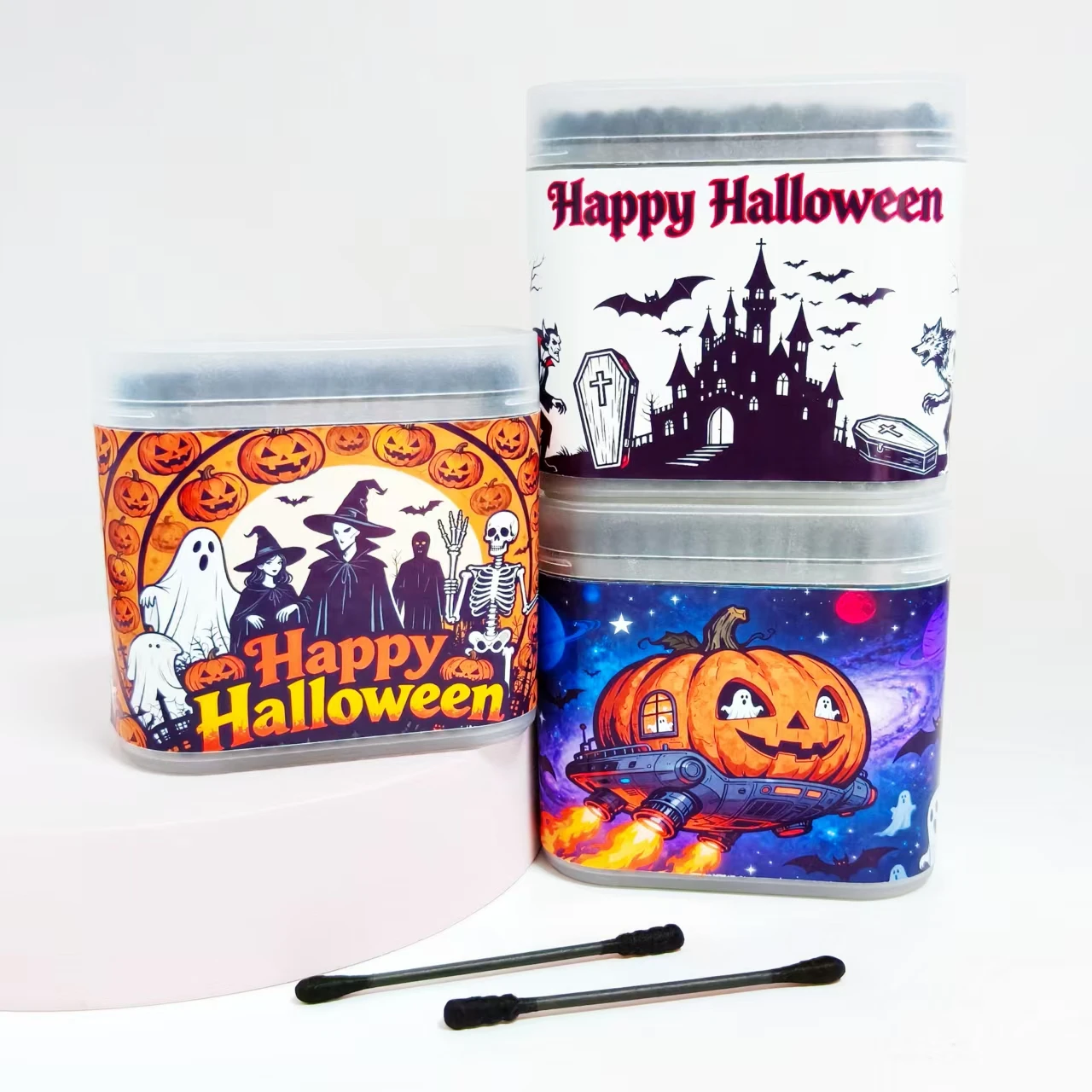 600개/800개 할로윈 호박 유령 박쥐 무늬 면봉 블랙 무광 박스 포장 양면 면봉