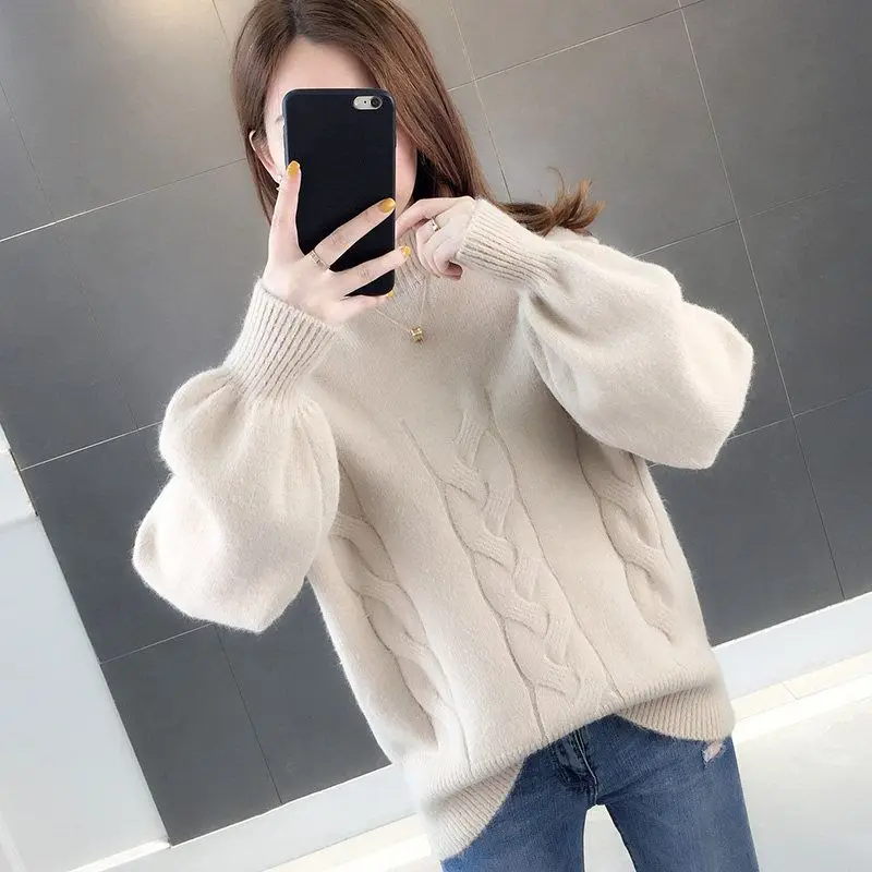 Women's Autumn Winter New Solid Color Semi High Neck 3D Korean Style Temperament Long Sleeved Loose Short Sweater Knitted Tops