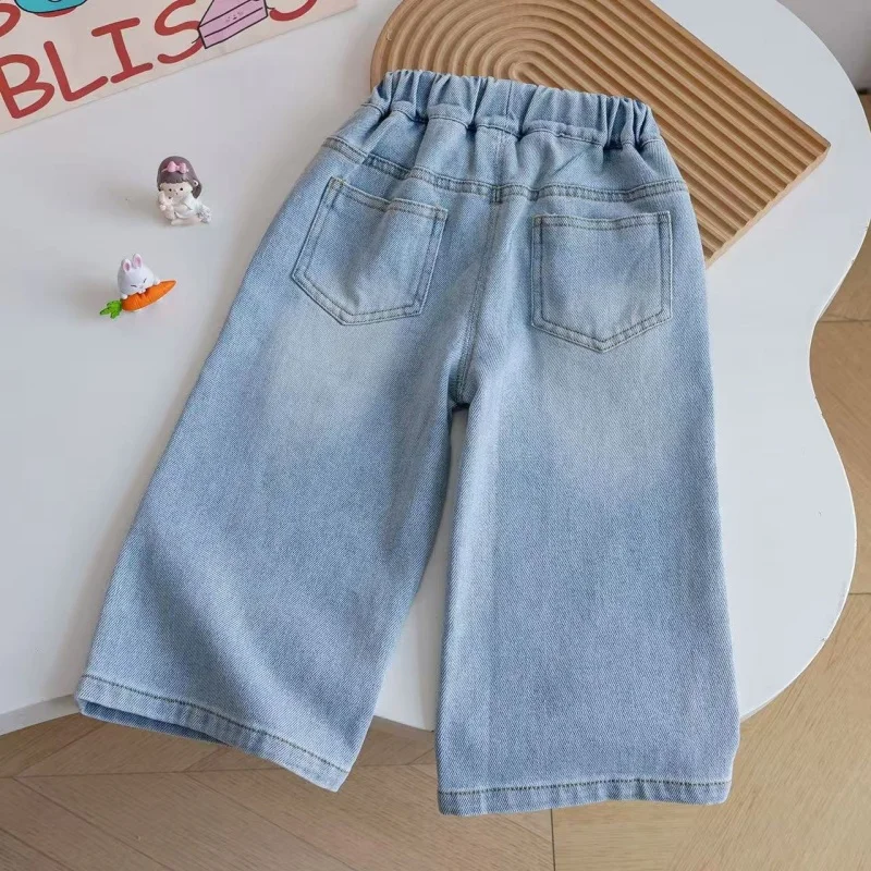 Girls' Spring and Autumn Jeans New Sweet Patchwork Embroidered Small Dog Versatile Wide Leg Pants90-140cm