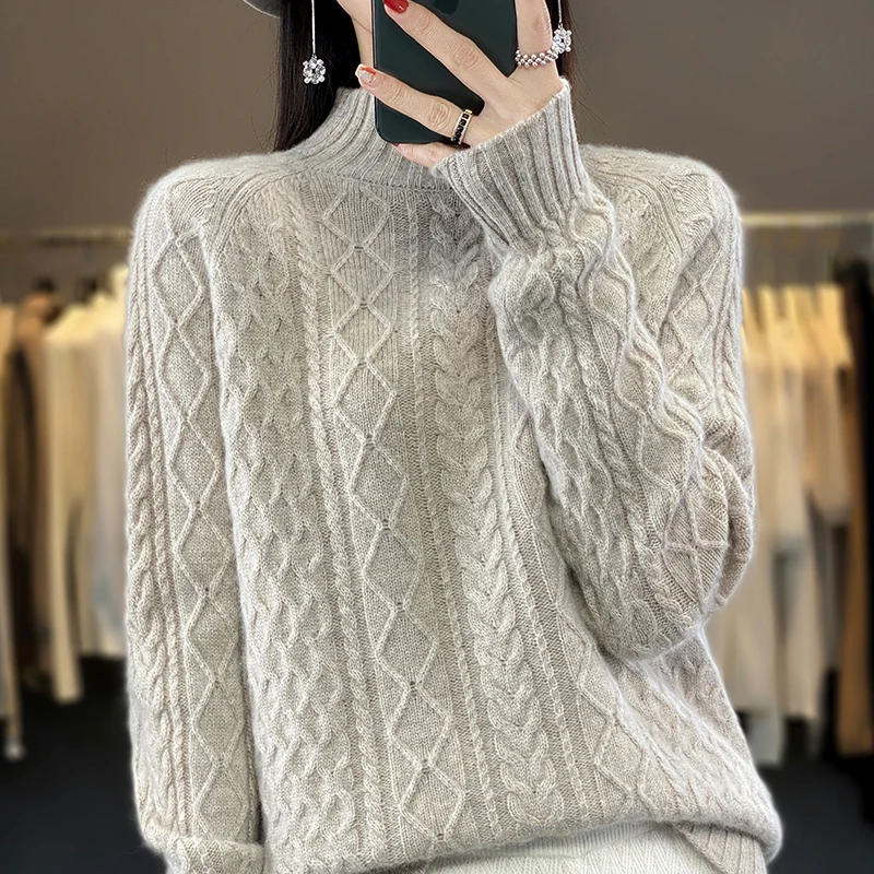 

Autumn and winter women's 100% merino wool semi-turtle neck knitted pullover solid color diamond twist casual warm padded coat