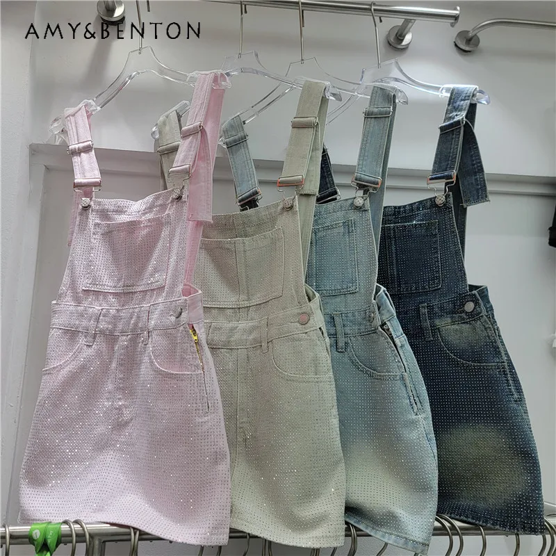 

Vintage High Waist Denim A Line Overall Skirt Women Blue All Over Diamond Drills Slim Fit Mini Skirt Age Reducing Fashion Skirts