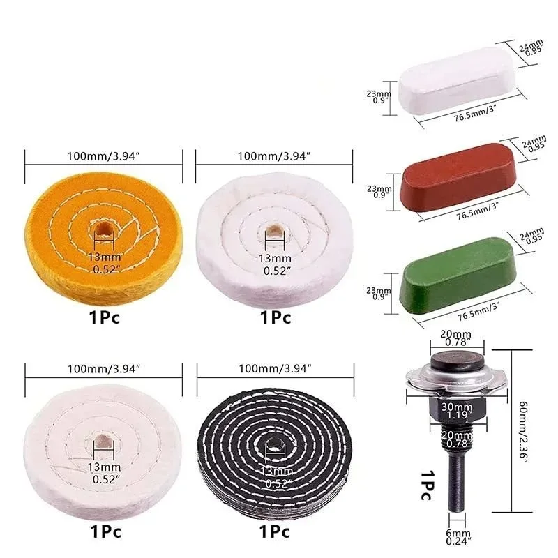 4” Buffing Wheel with Polishing Compound and 1/4” Shaft Drill Adapter Set, 8 Pcs Polishing Tool Kit, Bench Grinder