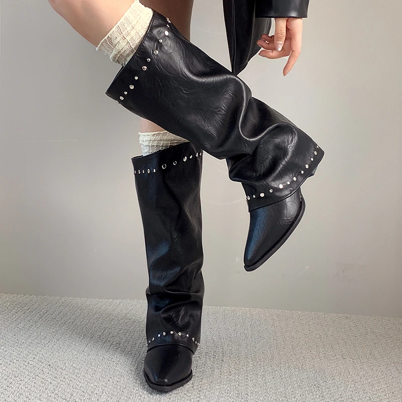 Pointed Toe Rivet Wide Calf Long Boots Women Ruched Slip On Block Heel Vintage Western Knee High Boots Ladies Fashion Footwear