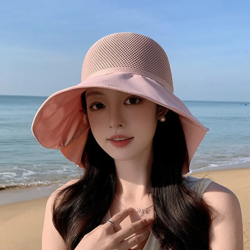 Cappello da sole estivo da donna con protezione UV Cappello da pescatore a tesa larga con scialle maschera Perfetto per la protezione solare da spiaggia all'aperto