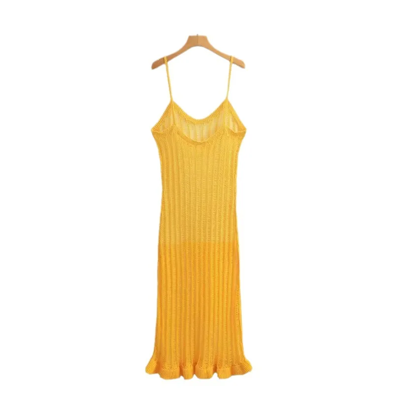 DSMTRC Woman See-through Yellow Knitted Beach Long Cover Up Dreses Summer Holiday Sleeveless Spaghetti Strap Club Party Dresses