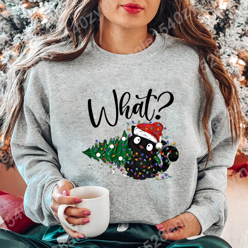 Christmas Light Black Cat What Print Hoodless Sweatshirts Women Fashion Creative Personalized Sweatshirts Autumn Winter Pullover