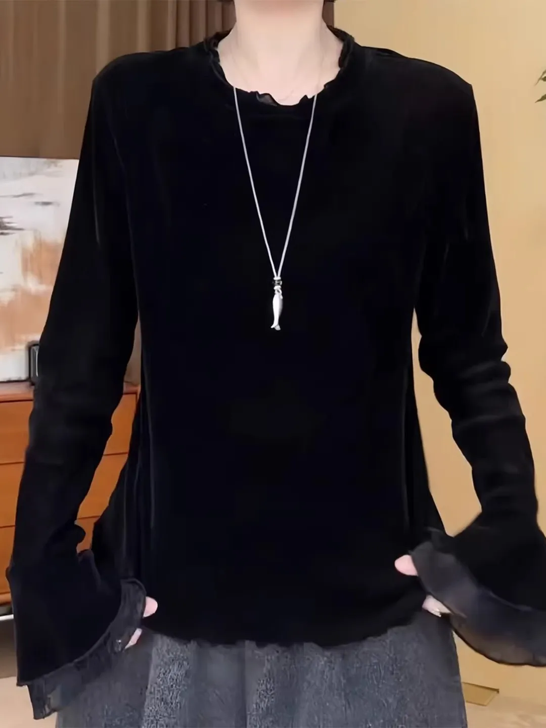 

Spring 2026 Women's Velvet irt Long Sve Lace Splicing plus Size Slimming Base Top Korean Sle Commute Faion Loose Fit