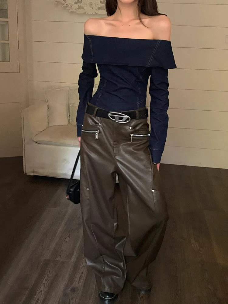 REDDACHiC Denim bluzka z odkrytymi ramionami Top kobiety praca w biurze Casual zwykły niebieski T-shirt z długimi rękawami Western Vintage ubrania