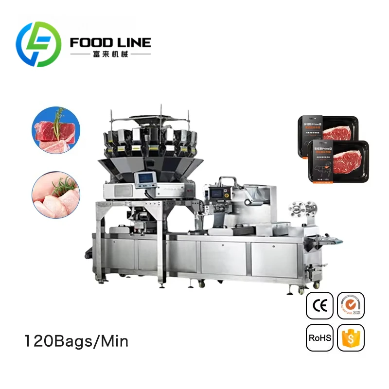 Automatic Multi-head Weigher Flow Packaging Machine Thermoforming Vacuum Raw Chicken Meat Tray Packaging Machine customize