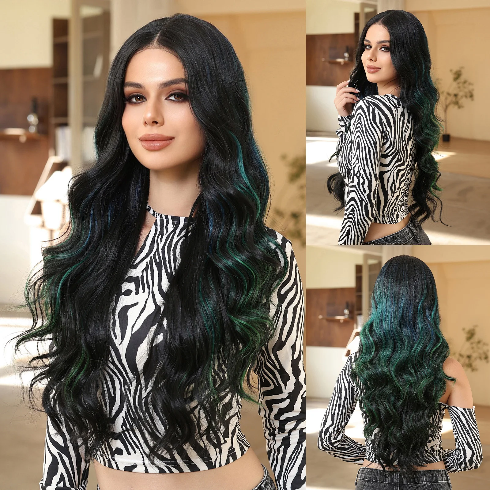 Body Wave Lace Frontal Synthetic Wigs Black Highlight Green Blue Transparent Lace Wigs for Afro Women Brazilian Heat Resistant