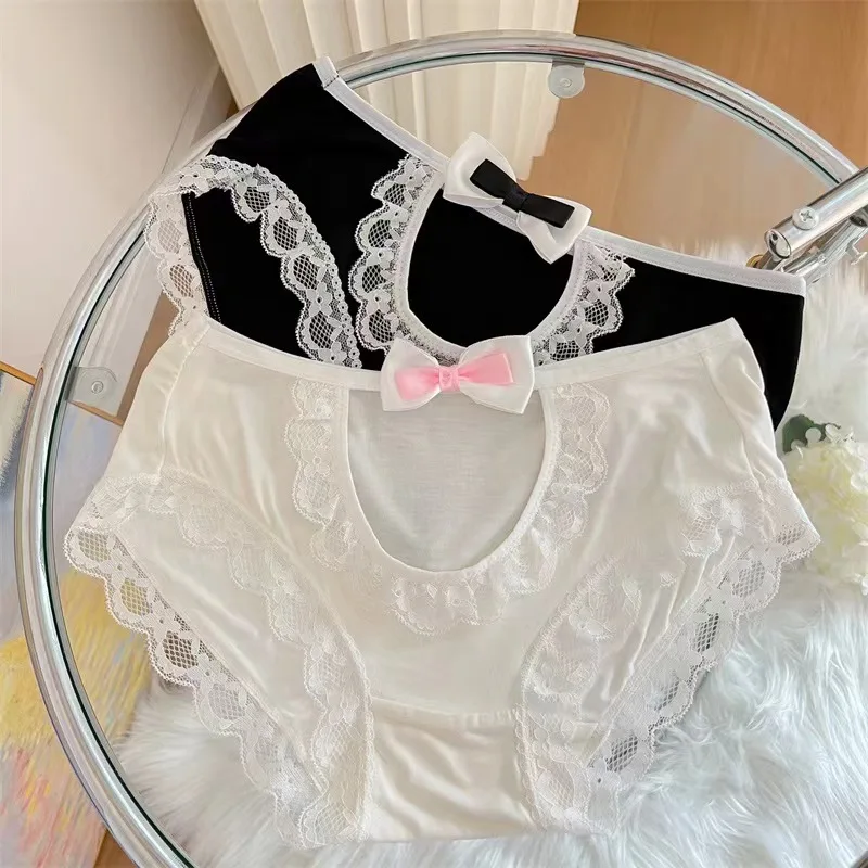 Girls Lolita Maid Panties Sexy Sweet Bow Knot Women Underpants Women's Modal Cotton Low Waist Trimmed Cut Out Briefs Girl's Gift