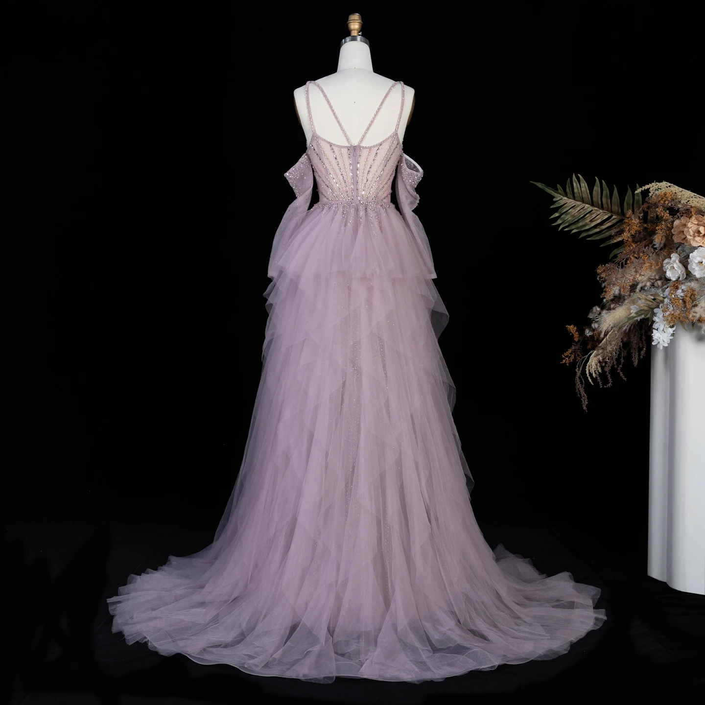 Sharon Said Dubai Grünes Abendkleid mit Spaghettiträgern, Perlen und Rüschenärmeln, formelles Ballkleid für Damen, SS123, maßgeschneidert – Detail 22