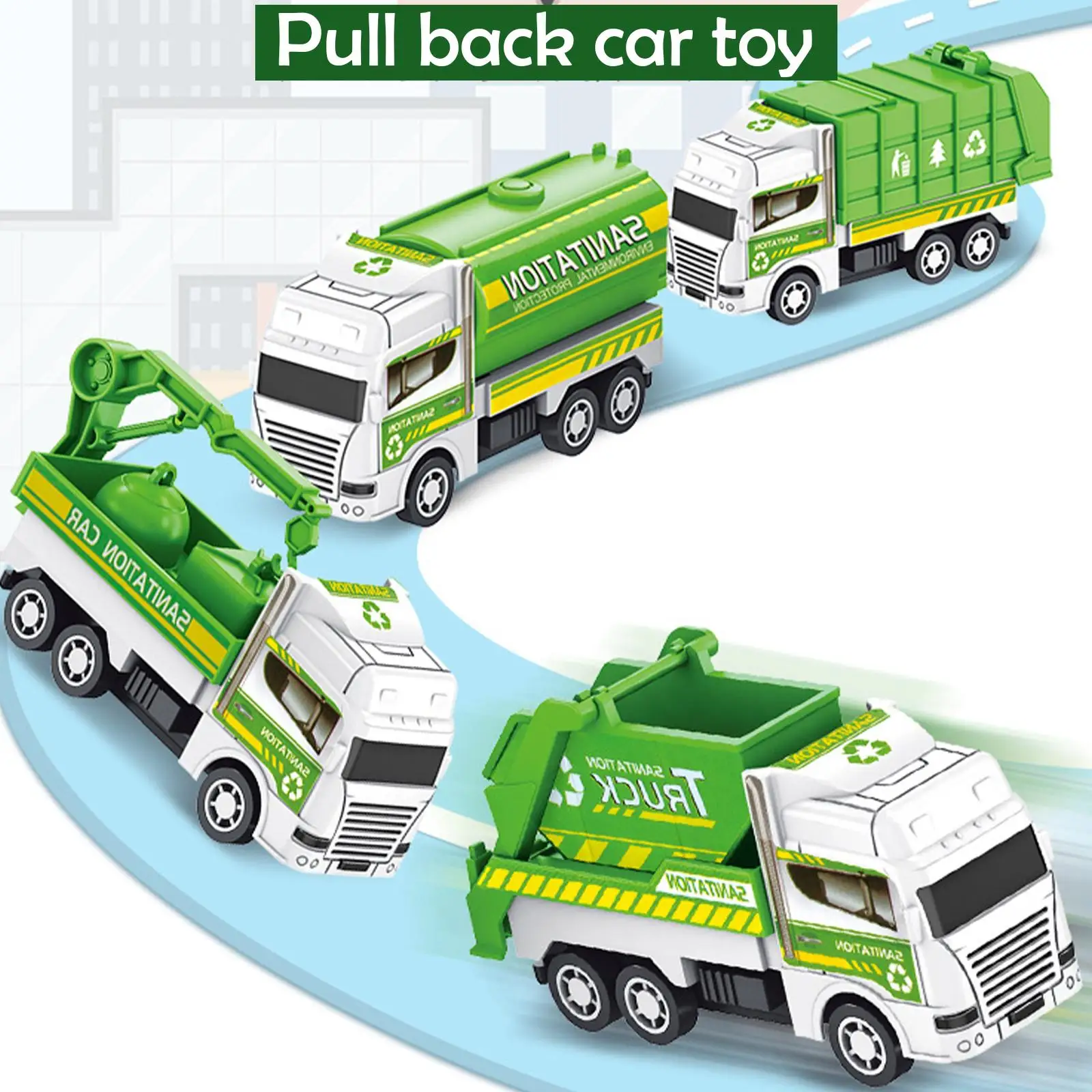 

4Pcs Kids Toy Car Inertia Sanitation Truck Models Pull Back Engineering Vehicle Boys Toys for Children Ideal Gifts for Boys Kids